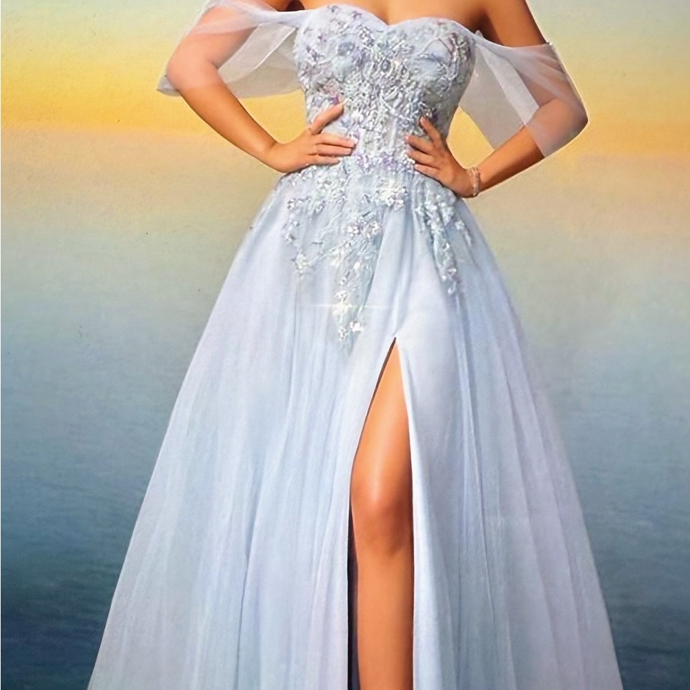 Glamorous light blue off the shoulder embroidered tulle formal dress